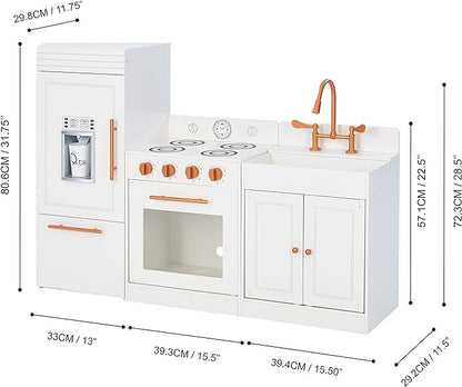 Teamson Kids Little Chef Paris Modular Contemporary Interactive Wooden Play Kitchen with Refrigerator, Oven, Sink, and Storage Space for Easy Clean Up, White with Rose Gold Finishes