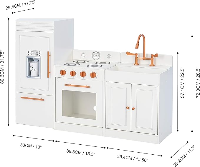 Teamson Kids Little Chef Paris Modular Contemporary Interactive Wooden Play Kitchen with Refrigerator, Oven, Sink, and Storage Space for Easy Clean Up, White with Rose Gold Finishes
