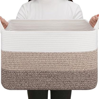 OIAHOMY Rectangle Woven Storage Basket - Nursery Cotton Rope Baskets for Storage, Toy Basket Organizing for Living Room, 17.7"x13.8"x11"- Pack of 3 - Gradient Yellow