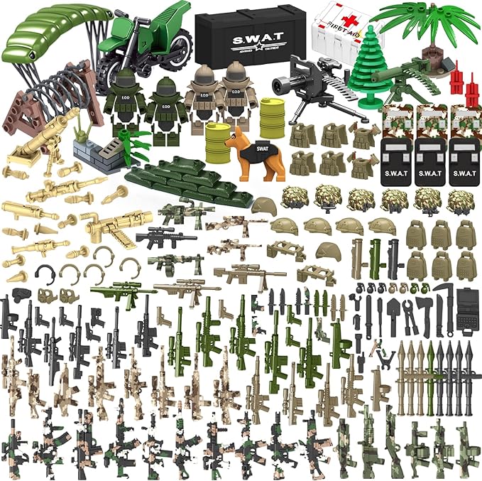 200+ Pcs Military Weapon Pack Accessories Toys Kits,STEM Military Soldier Style Weapon Sets,Swat Team Building Block Toys,Army Equipment Gear Sets,Christmas Birthday Gift for Boys,Teens,Adults