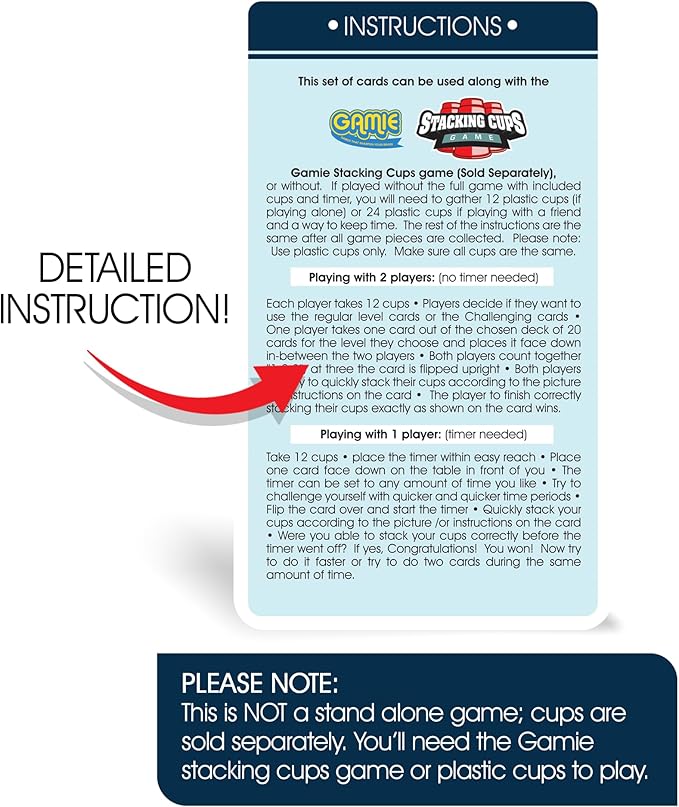 Gamie Challenge Cards for Stacking Cups Game - 40 Additional Cards with Instructions - 20 Medium and 20 High Difficulty Cards for Next Level Fun - Stacking Cups Sold Separately