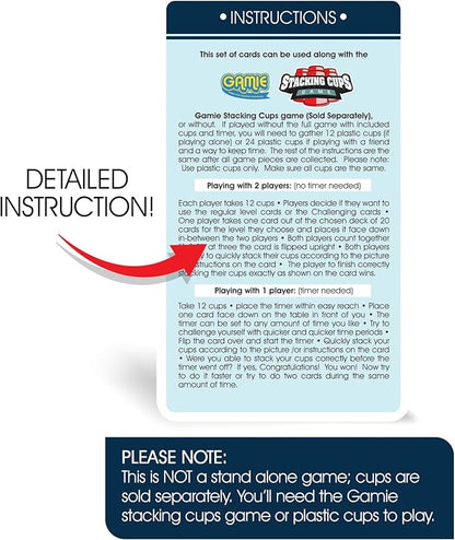 Gamie Challenge Cards for Stacking Cups Game - 40 Additional Cards with Instructions - 20 Medium and 20 High Difficulty Cards for Next Level Fun - Stacking Cups Sold Separately
