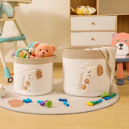Large Blanket Baskets for Living Room Decor, Toy Storage Baskets Woven Cotton Rope Storage Basket for Kids, Dog Toys Organizer Clothes Hamper with Embroidery Decor for NurseryLaundry (Large, Giraffe)