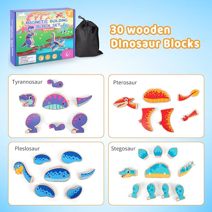 Dinosaur Building Blocks Toys, Magnetic Wooden Building Blocks with Stem Take Apart Dinos Playset, Promoting Montessori Fine Motor Skills, Great Gift for Kids 3-5 Years Old