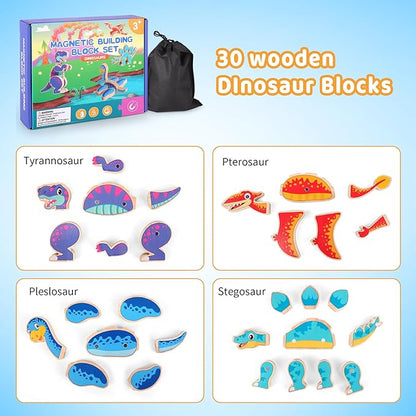 Dinosaur Building Blocks Toys, Magnetic Wooden Building Blocks with Stem Take Apart Dinos Playset, Promoting Montessori Fine Motor Skills, Great Gift for Kids 3-5 Years Old