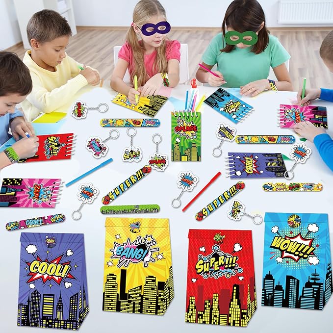 84pcs Hero Themed Super Party Favors with Colorful Paper Gift Bag Notepad Pen Slap Bracelet Key Chain Eye Mask Sticker Comic Hero Themed Party Supplies for Boy Girl Birthday Classroom Games Activities