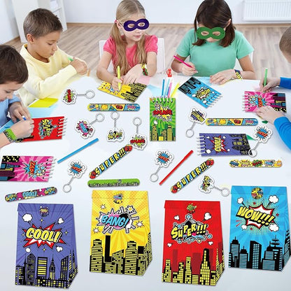 84pcs Hero Themed Super Party Favors with Colorful Paper Gift Bag Notepad Pen Slap Bracelet Key Chain Eye Mask Sticker Comic Hero Themed Party Supplies for Boy Girl Birthday Classroom Games Activities