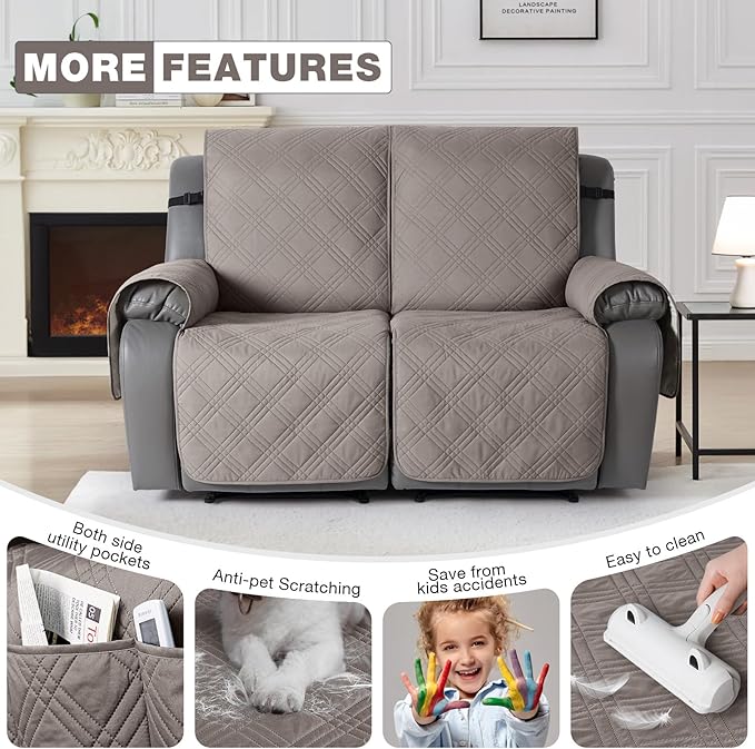 TAOCOCO 100% Waterproof Loveseat Recliner Cover, Non Slip Split Recliner Couch Cover with Elastic Straps, Washable Reclining Sofa Cover Furniture Protector for Kids, Dogs, Pets(2 Seater, Light Brown)