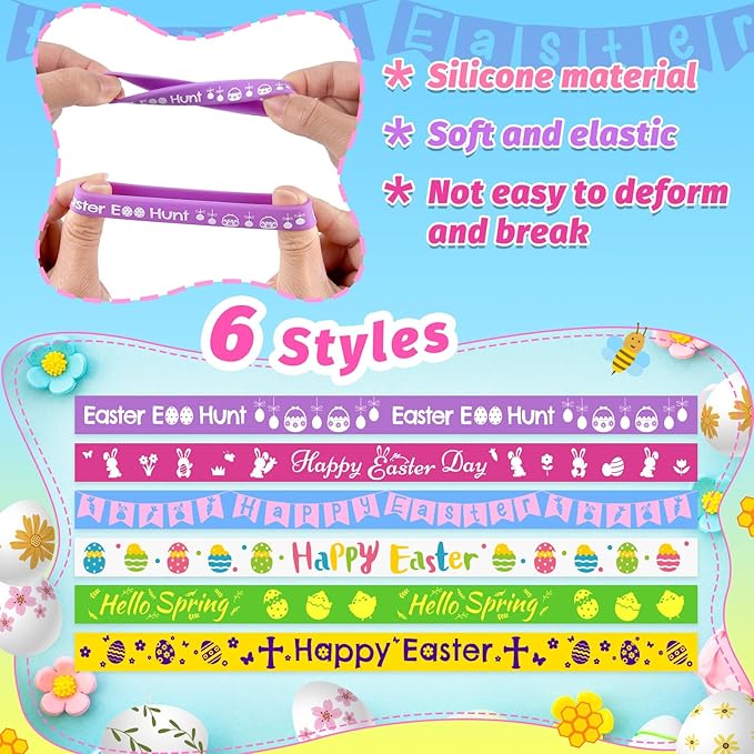 NEBURORA 48 Pcs Easter Rubber Bracelets Bunny Rabbit Egg Chick Flower Carrot Silicone Wristbands for Spring Happy Easter Party Favors Baskets Stuffers Egg Fillers