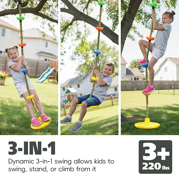 Climbing Rope Tree Swing with Platforms and Disc Swing Seat Set Outdoor Playground Accessories for Kids Including Hanging Strap & Carabiner Rope Swings for Tree Kids Swing Set Accessories