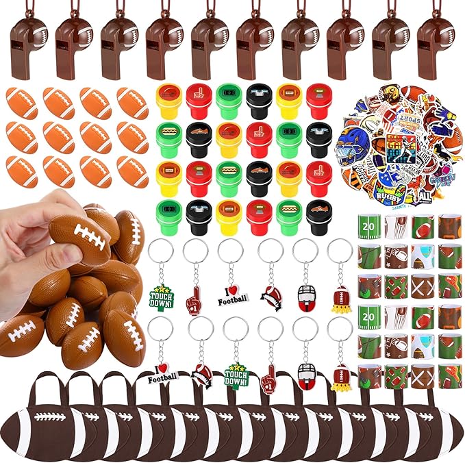 Aoriher 158 Pcs Football Party Favors Set Bulk Sport Non Woven Gift Bags Slap Bracelets Mini Bouncy Balls Toy Whistle Keychains Sticker Stampers for Sport Party Supplies(Football)