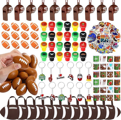 Aoriher 158 Pcs Football Party Favors Set Bulk Sport Non Woven Gift Bags Slap Bracelets Mini Bouncy Balls Toy Whistle Keychains Sticker Stampers for Sport Party Supplies(Football)