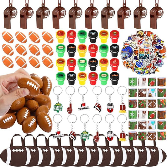 Aoriher 158 Pcs Football Party Favors Set Bulk Sport Non Woven Gift Bags Slap Bracelets Mini Bouncy Balls Toy Whistle Keychains Sticker Stampers for Sport Party Supplies(Football)