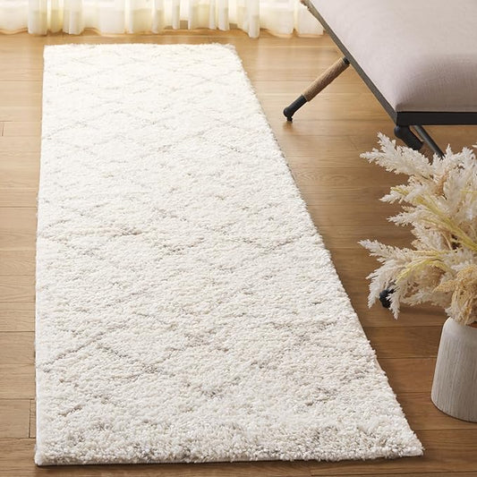 SAFAVIEH Arizona Shag Collection 2'3" x 16' Ivory/Beige ASG743A Moroccan Diamond Non-Shedding 1.6-inch Thick Living Room Dining Entryway Foyer Hallway Runner Rug