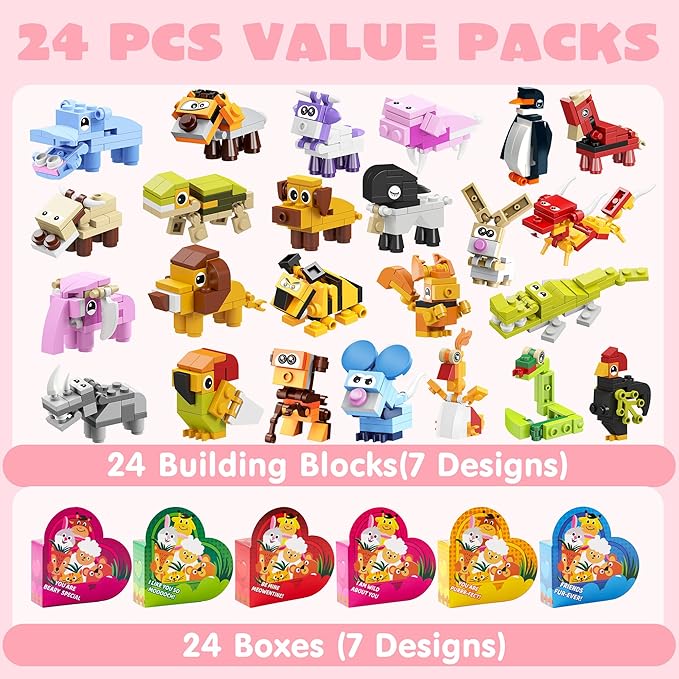 JOYIN 24 Packs Valentines Animal Building Blocks with Hearts Party Favors Boxes for Kids Valentine Classroom Prize Supplies, Classroom Gift Exchange School Rewards