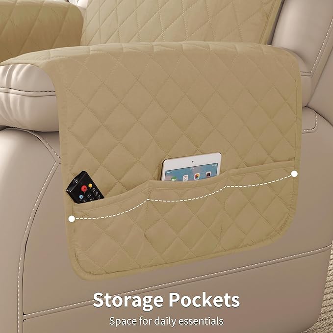 CHUN YI Recliner Chair Cover, Non-Slip Recliner Covers That Stay in Place, Washable Lazy Boy Recliner Covers with Pockets, Water Resistant Recliner Slipcover for Pets (Khaki, Large Recliner)