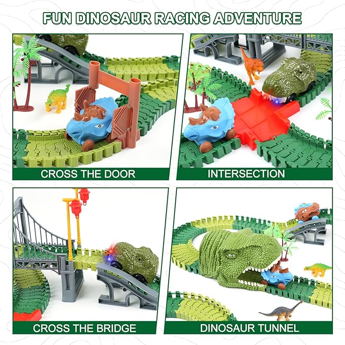 Dinosaur Track Toys for Kids - Best Birthday Gifts for 3 4 5 6 7 Year Old Boys, Flexible Race Car Track Set with Light & Sound, Create a Dino World Adventure
