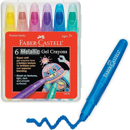 Faber-Castell Metallic Gel Crayons: 6 Vibrant Gel Crayons in Durable Storage Case: Twistable Crayons for Toddler Coloring, Kids Drawing and Arts and Crafts for Ages 3-4+