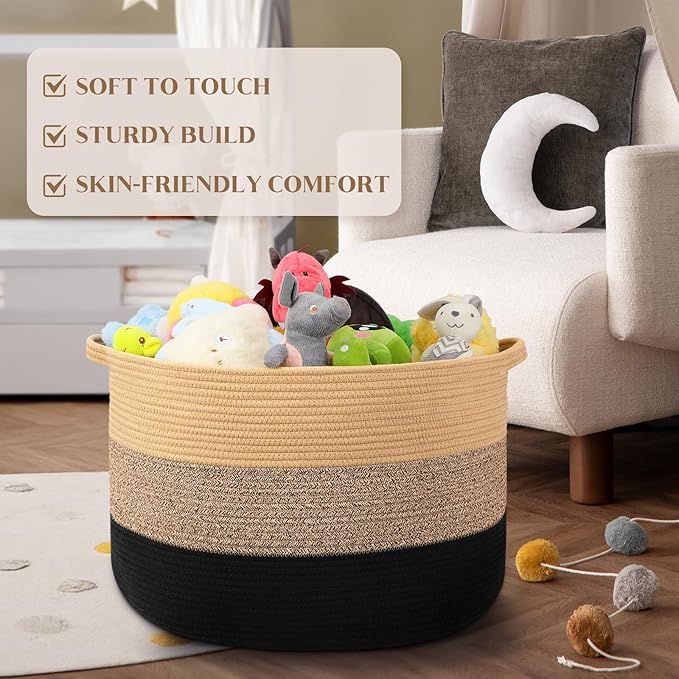 Maliton Large Woven Blanket Basket, 22" X 22" X 14" Storage Baskets for Organizing, Round Cotton Rope Toy Basket for Living Room, Bedroom- Rope Laundry Hamper with Handles - Nursery Bin