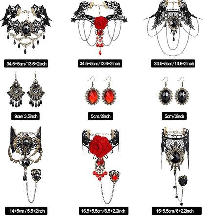 Hicarer 13 Pcs Halloween Vampire Costume Jewelry Gothic Devil Vampire Choker Bracelet Earrings Vampire Teeth Fangs Red Black Lolita Pendant Choker Jewelry for Victorian Vampire Cosplay Zombie Party