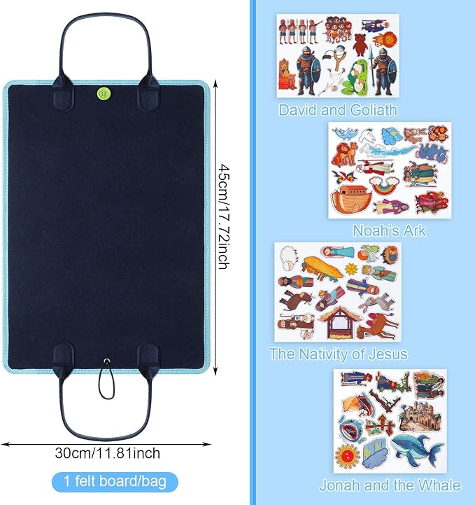 4 Pack Felt Board Bible Stories Set Flannel Board Stories Include Noah's Ark, Jonah and The Whale, David and Goliath, The Nativity of Jesus, 52 Pcs Precut Bible Felt Story Board for Kid