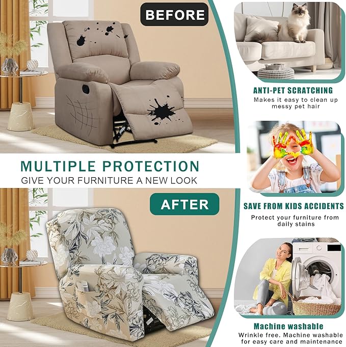 NILUOH Stretch Recliner Cover 4 Pieces Printed Lazy Boy Chair Covers Floral Patterned Recliner Sofa Slipcover Anti-Slip Fitted Furniture Protector with Elastic Bottom, A3