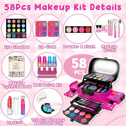 58Pcs Kids Makeup Kit for Girl - Real Washable Cosmetic Set with Light Up Mirror - Kids Makeup Sets for Girls -Play Make Up Birthday for Age 3 4 5 6 7 8 9 10 11 12 Years Old Kid -Rose