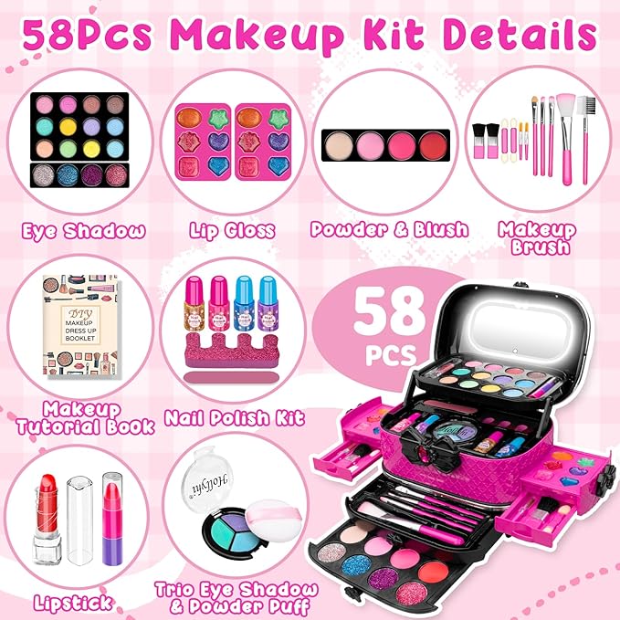 58Pcs Kids Makeup Kit for Girl - Real Washable Cosmetic Set with Light Up Mirror - Kids Makeup Sets for Girls -Play Make Up Birthday for Age 3 4 5 6 7 8 9 10 11 12 Years Old Kid -Rose