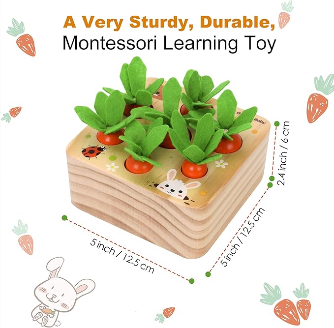Carrot Harvest - Wooden Educational Toys for Boys and Girls - Preschool Learning Gift - Toddlers Wood Game – Shape Sorting Toy - Worm Toy Playset - for Age 1 2 3 Year Old