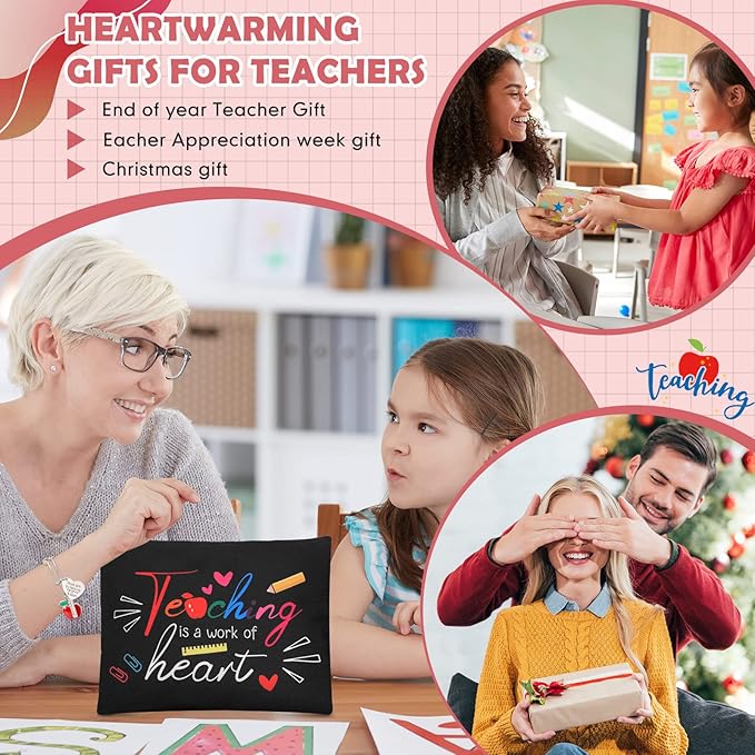 8 Pcs Teacher Appreciation Gift Set for Women, 4 Teacher Makeup Pouch Cosmetic Bags and 4 Bangle Bracelets, Christmas Valentines Thank You Gifts for Teacher (A Work of Heart)