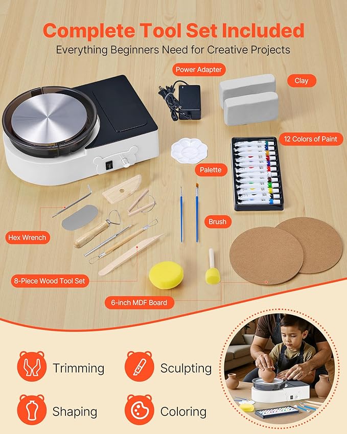 VEVOR Pottery Wheel for Kids Adults and Beginners - Complete Pottery Kit with 6" Turntable & Storage Design, Speed Adjustable with Air Clay Art Supplies Sculpting Tools, Craft Christmas Gifts, White
