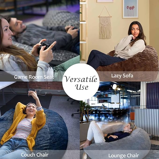 BCU 6FT Bean Bag Chair for Adults and Kids Without Filler Giant Stuffed Animal Storage Cover Soft Faux Fur Floor Chair Cover for Bedroom Living Room, Silver Blue