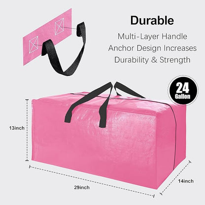 VELVETSURE 6 Pack Heavy Duty Large Moving Bags W/Backpack Straps - Strong Handles & Zippers, Storage Totes For Space Saving, Fold Flat, Alternative to Moving Box and Storage Bin, Pink