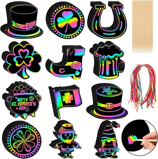FEBSNOW 48 PCS St. Patrick’s Day Crafts for Kids, Rainbow Magic Scratch Art Shamrock Hanging Ornaments Scratch Paper Cards for St Patricks Day Party Favors Kids School Classroom DIY Crafts Decorations