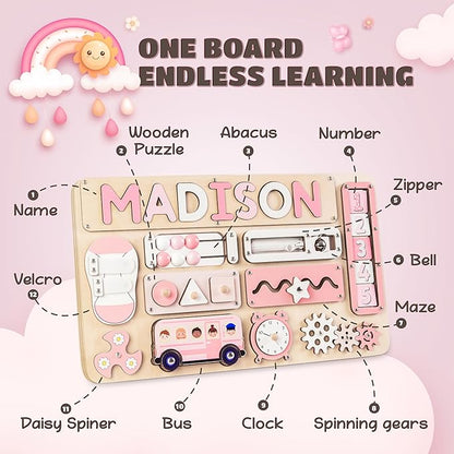 KALOTOYS Personalized Large Busy Board for Toddlers - Montessori Busy Board - Montessori Toys for 1 Year Old Baby Boys Girls - Sensory Toys for Toddlers 1-3 - Peronalized Baby Gift