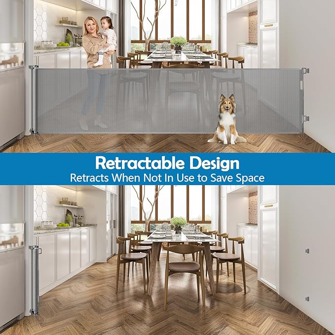 90 Inch Extra Long Baby Gate Retractable Dog Gate Outdoor Gates for Decks Indoor Child Gates for Wide Openings Extra Wide Retractable Baby Gate Retractable Gate Long Dog Gate for Doorway, Porch, Gray