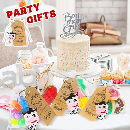Sasylvia 144 Pcs Cow Party Supplies Include 36 Sets Cow Keychain Thanks Kraft Tags Rubber Bracelets White Organza Bags Cow Party Favors Cow Themed Party Decorations for Baby Shower Girl Boy