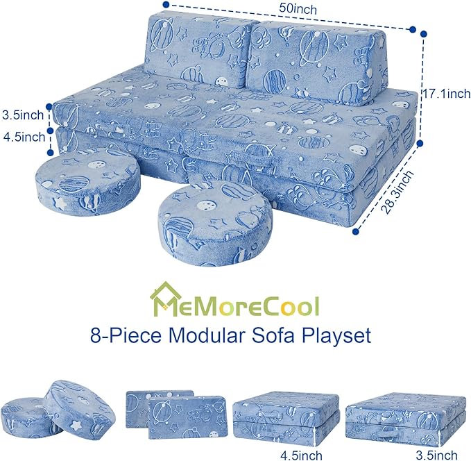 MeMoreCool Modular Glow Sofa for Kids, Space-Themed 8-Piece Convertible Foam Couch Play Set with Celestial Patterns for Toddlers and Playroom