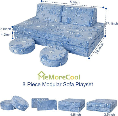 MeMoreCool Modular Glow Sofa for Kids, Space-Themed 8-Piece Convertible Foam Couch Play Set with Celestial Patterns for Toddlers and Playroom