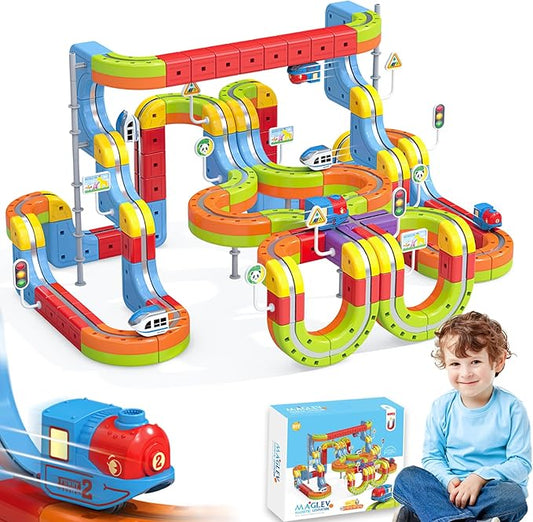 141 PCS klick Rail Electric Train Set with Racer 3D Train, Cube Track Car, STEM Educational Toy for Kids (Ages 3-8), Flexible Race Track for Boys & Girls