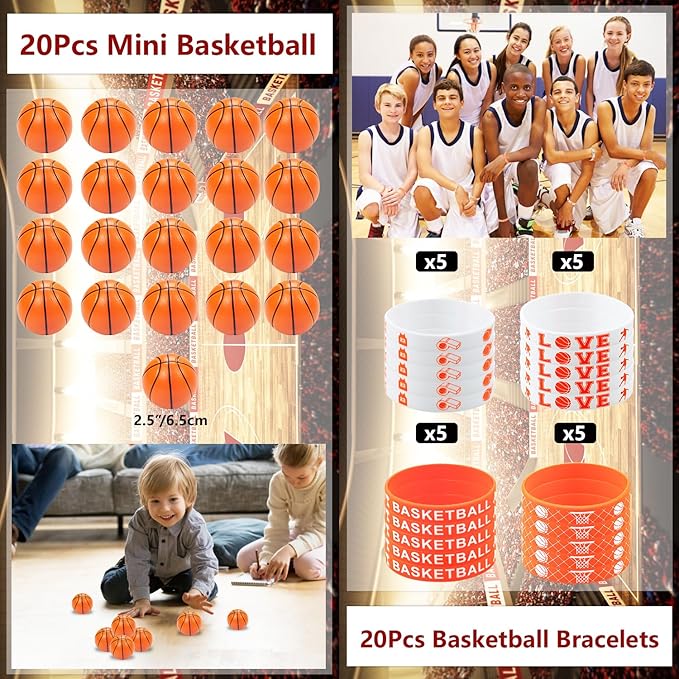Basketball Party Favors, 150Pcs Basketball Party Supplies Gift Set for 20 Kids Students, Including Basketball Stree Balls, Gift Bags, Silicone Wristbands Basketball Theme Stickers, Erasers