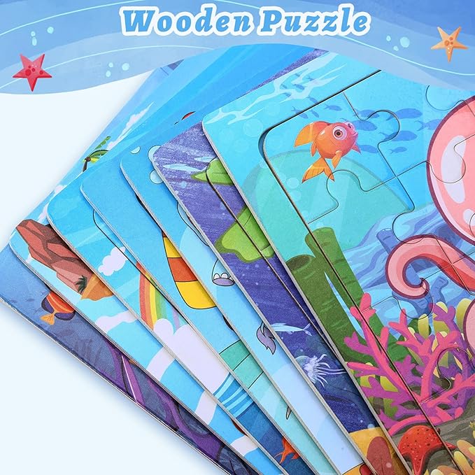 SANNIX 12 Pack Wooden Jigsaw Puzzles with 12 Organize Bags, Ocean and Space Toddlers Puzzles for Kids Ages 3 4 5, Party Favors Educational Learning Travel Toys for Boys Girls