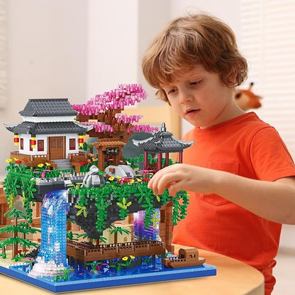 Peach Blossom Pond Micro Building Blocks Set Toys for Kids and Adults, Mini Cherry Bonsai Tree House with LED String Lights DIY Japanese Sakura Street Model Chinese Bricks Architecture Kit Teens Gift