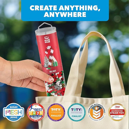 PLUS PLUS 240 Piece Interlocking Building Blocks for Kids, Open Ended Connecting Toys, STEM Bin Classroom Mini Manipulatives - Holiday Mix Play Tube