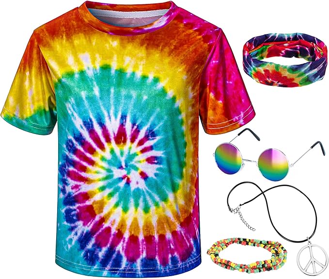 Kids Hippie Costume for Boys Girls 60s 70s T-Shirt 5Pcs Set for Halloween Party 3-12 Years