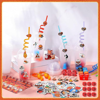 Aoriher 238 Pcs Basketball Party Favors Set Basketball Birthday Gift Basketball Cup Fillers with Straw Basketball Whistle Stamper Slap Bracelet Keychain Ring Tattoo Sticker for Sport Party Supplies