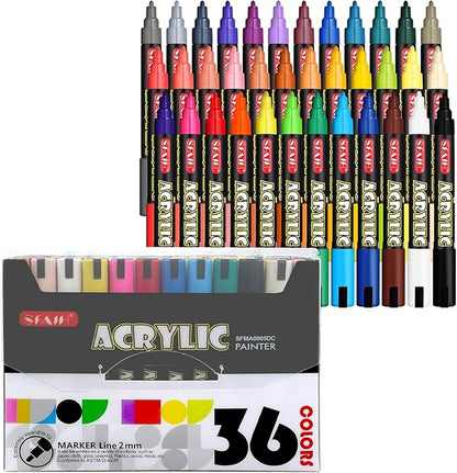 SFAIH Acrylic Creative Markers - 3mm Replaceable Nibs 36 Colors, Large Ink Capacity, Ultra-High Coverage, Non-Bleeding Water-Based Ink, Drawing Markers for Art Supplies, Wood, Fabric, Rock Painting
