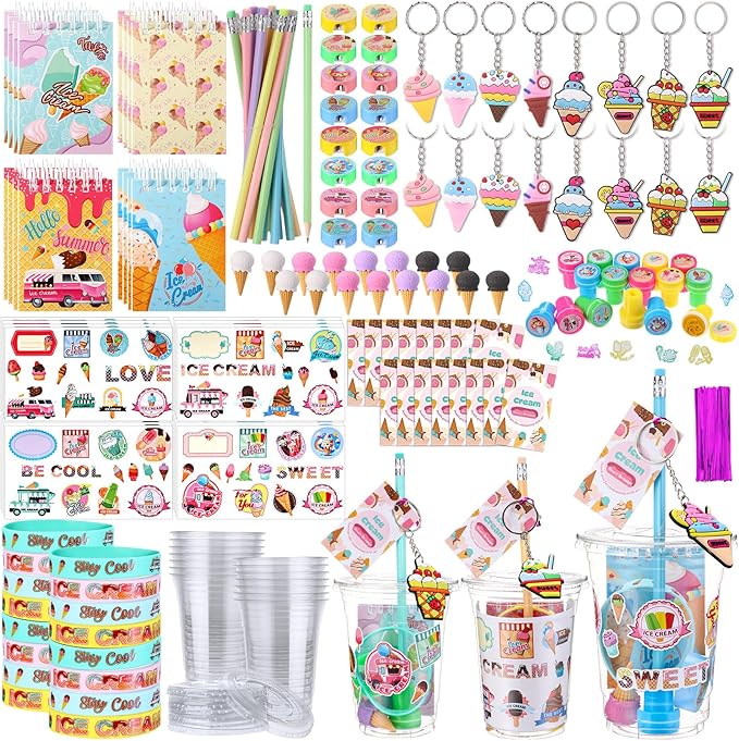 Colarr 161 Pcs Ice Cream Party Favors School Stationery Set Includes Gift Cup Notebook Pencil Sharpener Eraser Keychain Stamp Slap Bracelet Sticker Card Valentine's Day gift for Child Supplies