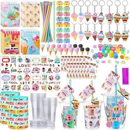 Colarr 161 Pcs Ice Cream Party Favors School Stationery Set Includes Gift Cup Notebook Pencil Sharpener Eraser Keychain Stamp Slap Bracelet Sticker Card Valentine's Day gift for Child Supplies