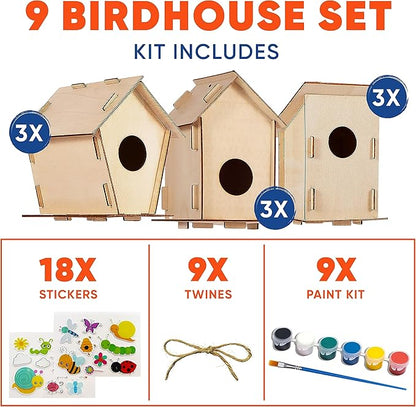 9 DIY Bird House Kits For Children to Build - Wood Birdhouse Kits For Kids to Paint - Unfinished Wood Bird Houses to Paint for Kids - Wood Craft Project Kits - Summer Crafts for Girls & Boys